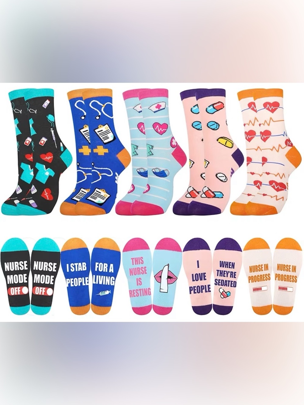 Pick 1 Pair Nurse-Themed Crew Socks - Assorted Blue, Pink, Purple, Black, Orange